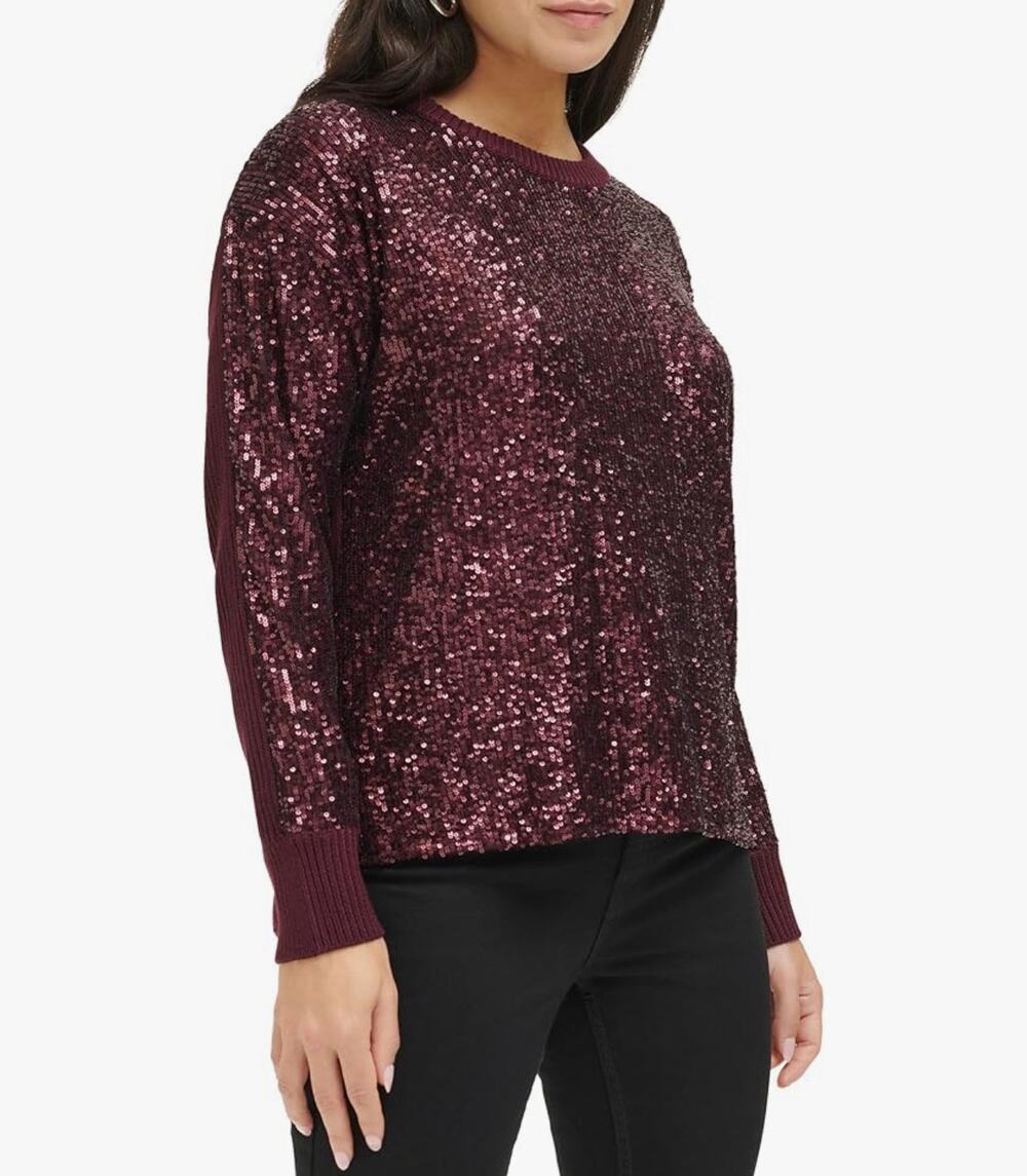 Calvin Klein Port Purple Sequin Front Crew Neck Long Sleeve Sweater Size Medium